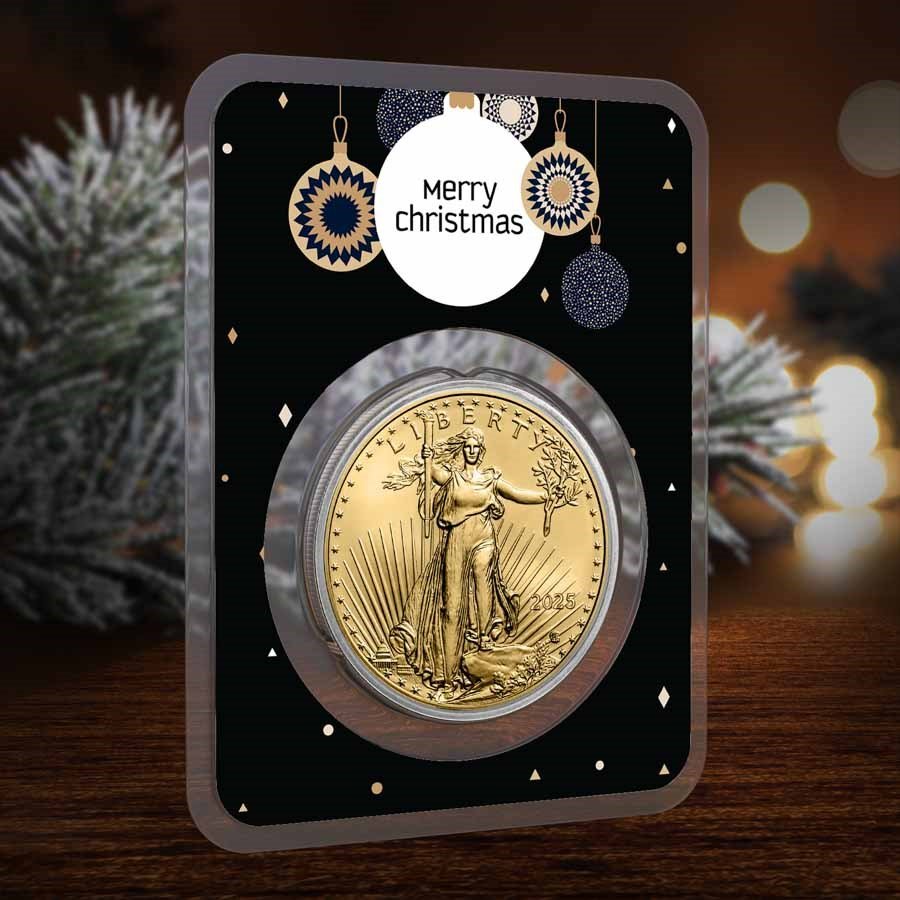 2025 1 oz American Gold Eagle - w/Elegant Merry Christmas Card