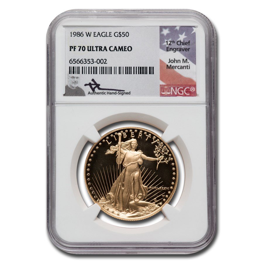 1986-W 1 oz Proof Gold Eagle PF-70 UCAM NGC (Mercanti Signed)