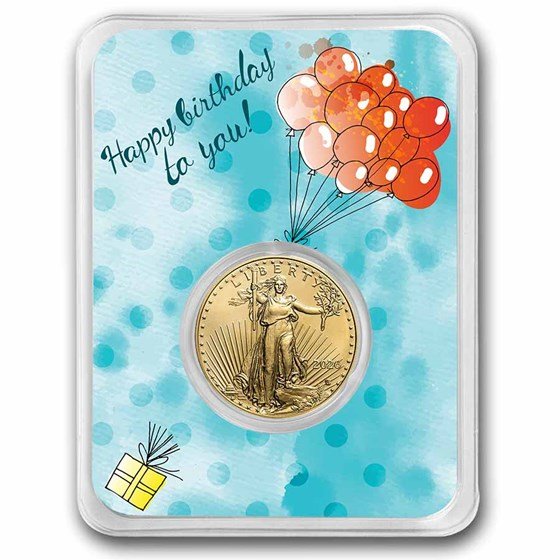 2025 1/4 oz Gold Eagle - w/Happy Birthday, Balloons Card, In TEP