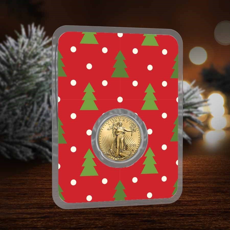 2025 1/10 oz American Gold Eagle - w/Red Christmas Trees Card