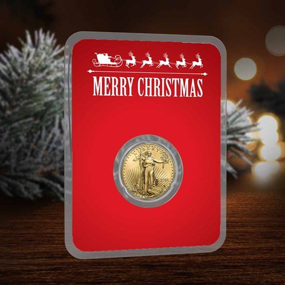 2025 1/10 oz American Gold Eagle - w/Red Merry Christmas Card