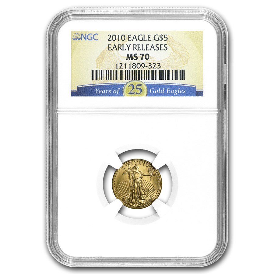 2010 1/10 oz American Gold Eagle MS-70 NGC (ER, 25 Years of Gold)