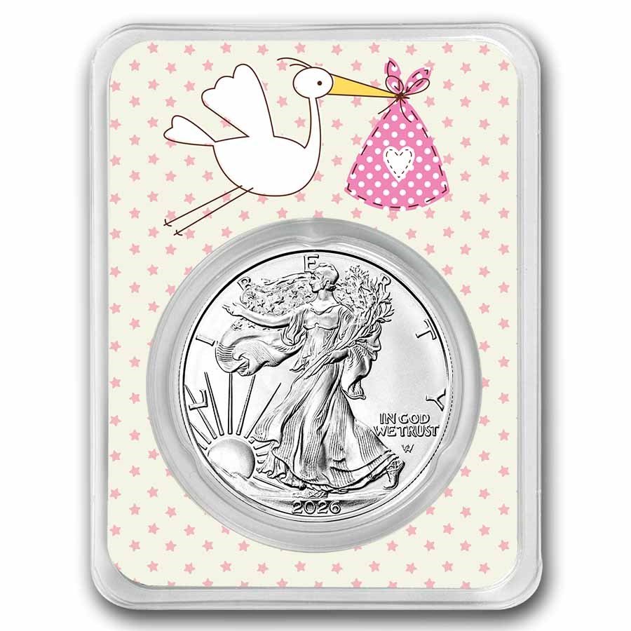 2025 1 oz Silver Eagle - w/"It's A Girl", Stork Card, In TEP