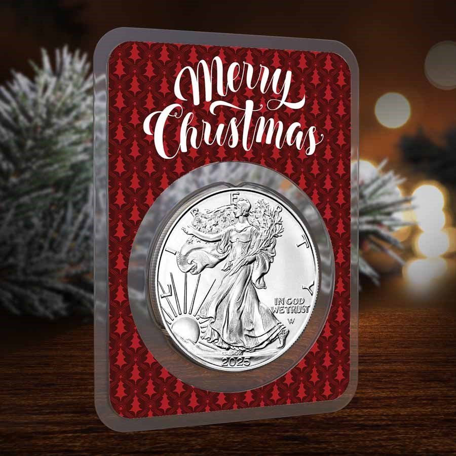 2025 1 oz American Silver Eagle - w/Elegant Merry Christmas Card