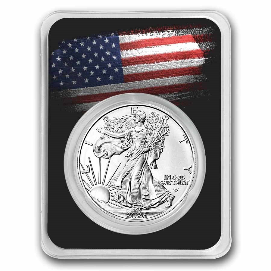 2025 1 oz Silver Eagle - w/American Flag, Black Card, In TEP