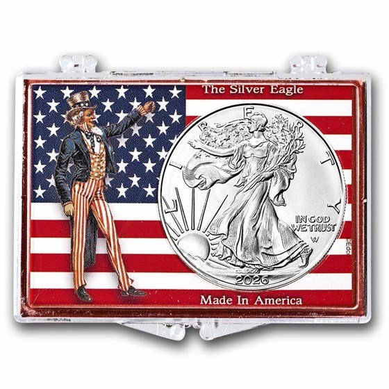 2025 1 oz Silver Eagle - w/Snap-Lock, American Flag & Uncle Sam