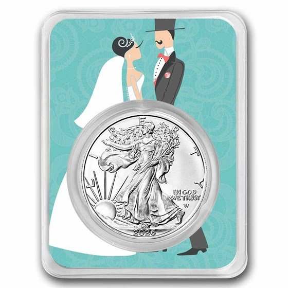 2025 1 oz Silver Eagle - w/Bride & Groom, Aqua Blue Card, In TEP