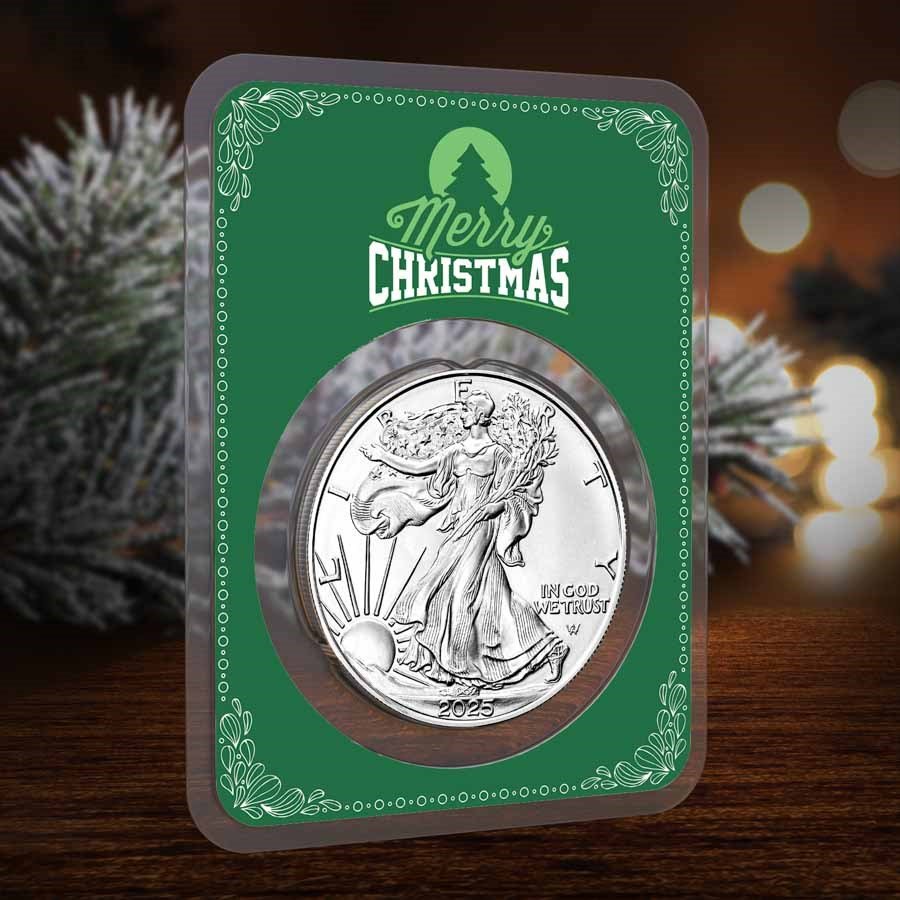 2025 1 oz American Silver Eagle - w/Green Merry Christmas Card