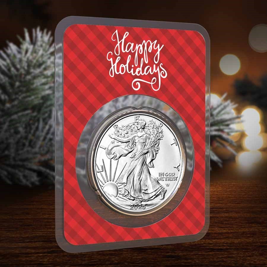 2025 1 oz American Silver Eagle - w/Plaid Happy Holidays Card