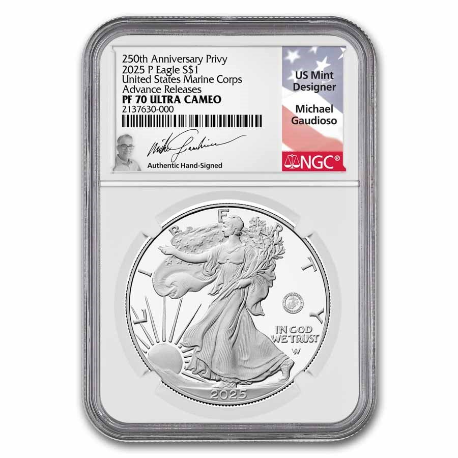 2025-P Proof Silver Eagle PF-70 NGC (Marine Privy, AR, Gaudioso)