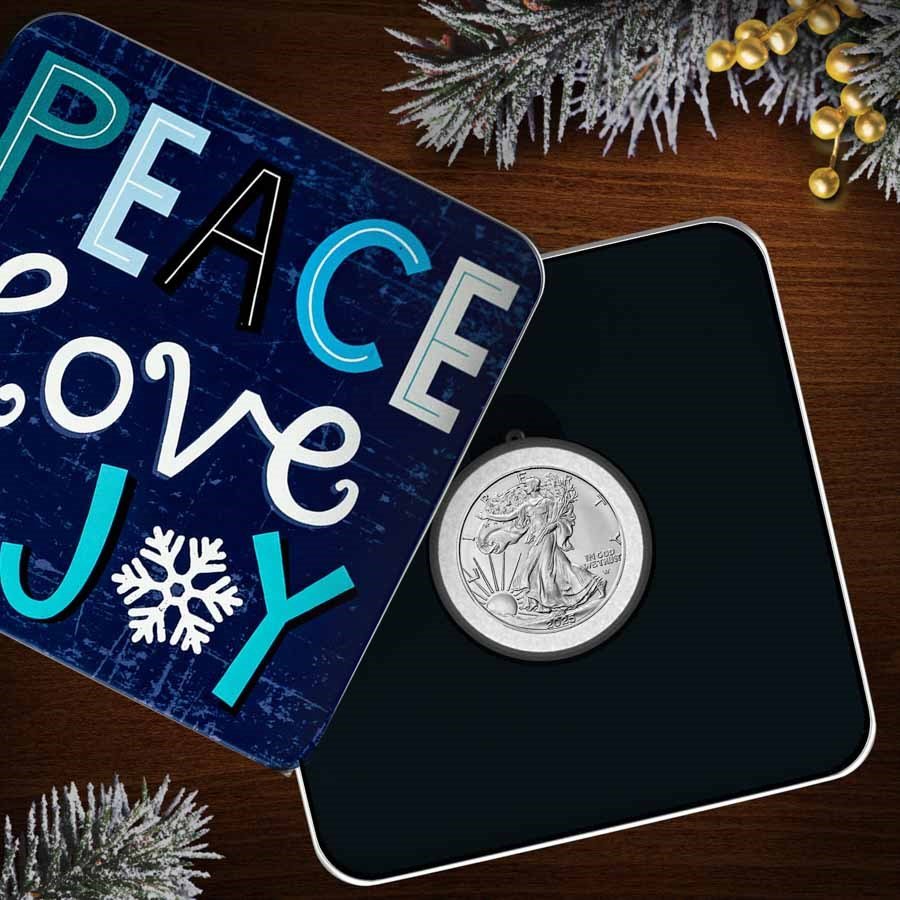 2025 1 oz American Silver Eagle - w/Holiday Tin, Peace Love & Joy