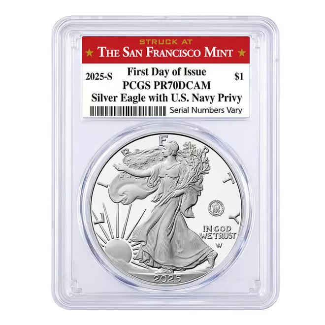 2025-S Navy Privy 1 oz Proof Silver American Eagle PCGS PF 70 FDOI SF Label