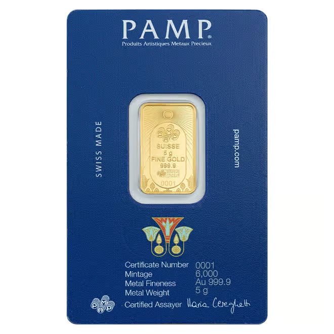 5 Gram PAMP Suisse Lucky Scarab Gold Bar .9999 Fine (in Assay)