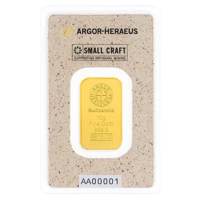 10 Gram Argor Heraeus Small Craft Gold Bar .9999 Fine (in Assay)
