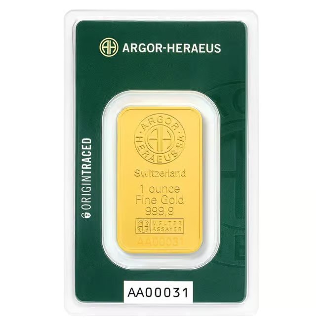 1 oz Argor Heraeus Origin Traced Gold Bar .9999 Fine (in Assay)