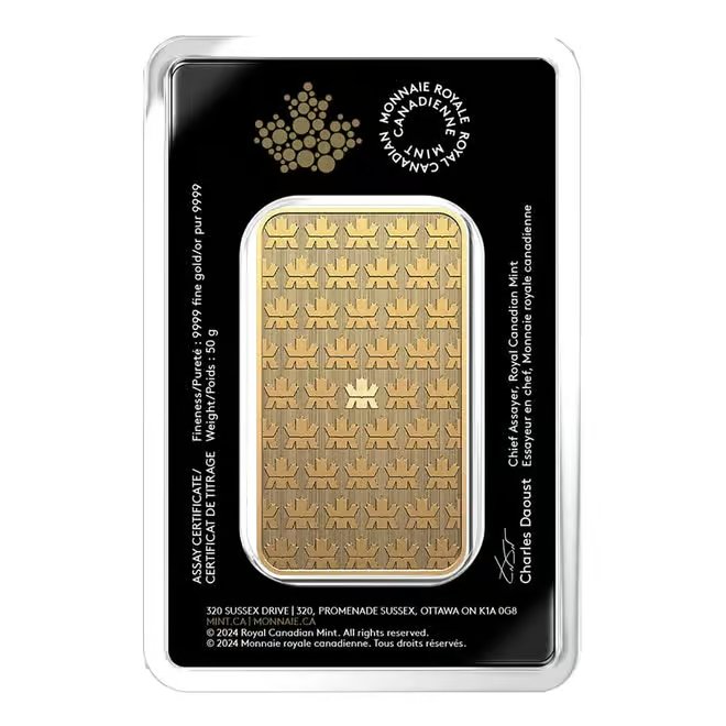 50 Gram Royal Canadian Mint RCM Wafer Gold Bar .9999 Fine (in Assay)