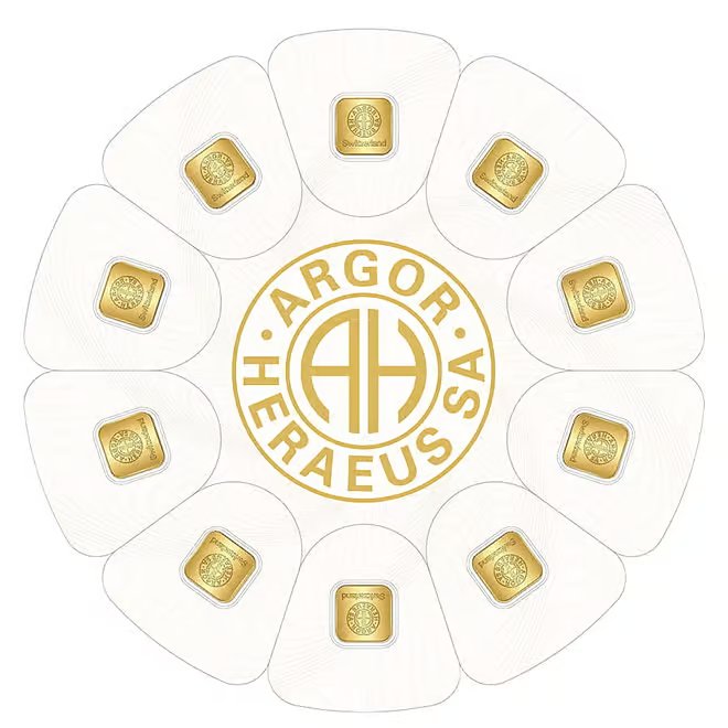 10 x 1 Gram Goldseed Argor Heraeus Gold Bar .9999 Fine (in Assay)