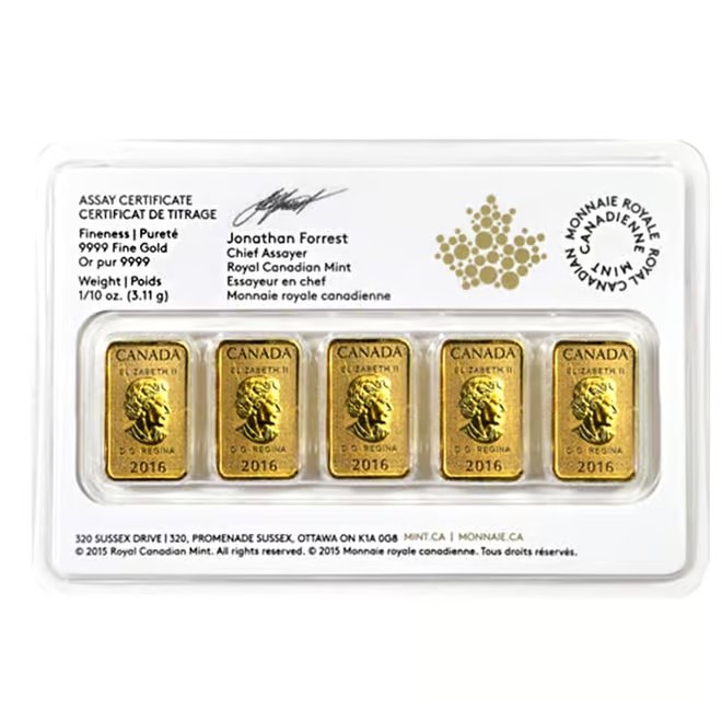 5 x 1/10 oz Gold Royal Canadian Mint RCM Legal Tender Bar Set .9999 Fine (In Assay)