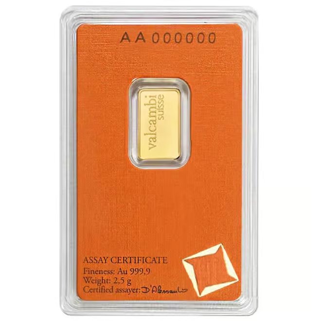 2.5 Gram Gold Bar Valcambi Suisse .9999 Fine (in Assay)