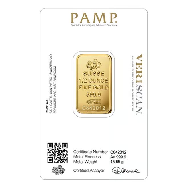 1/2 oz Gold Bar PAMP Suisse Lady Fortuna Veriscan .9999 Fine (in Assay)