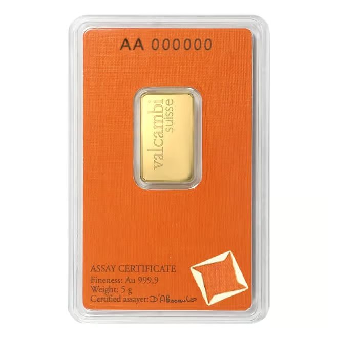 5 Gram Gold Bar Valcambi Suisse .9999 Fine (in Assay)