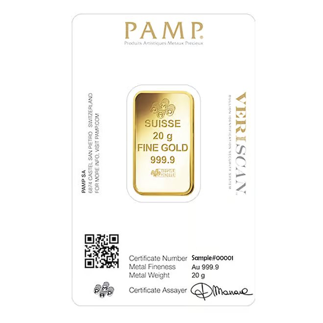 20 Gram Gold Bar PAMP Suisse Lady Fortuna Veriscan .9999 Fine (in Assay)