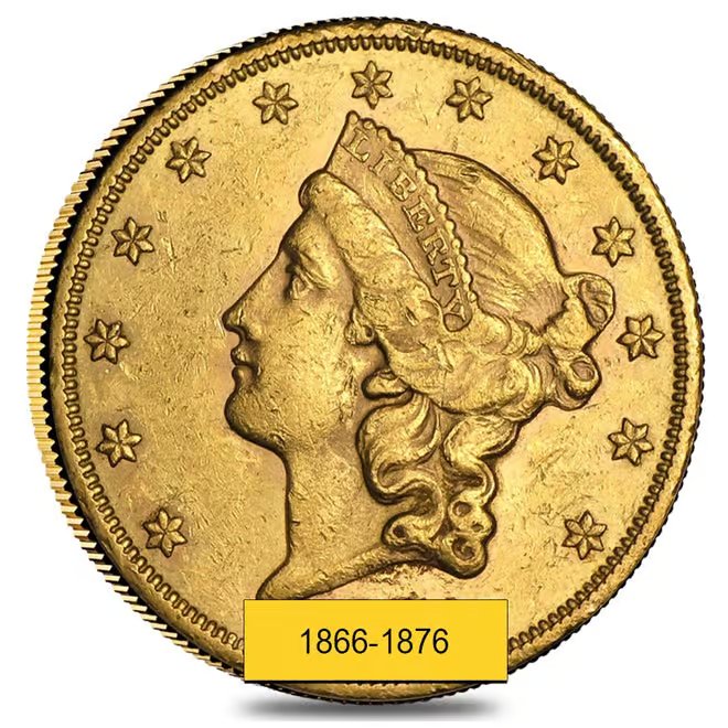 $20 Gold Double Eagle Liberty Head Type II - Polished or Cleaned (Random Year, 1866-1876)