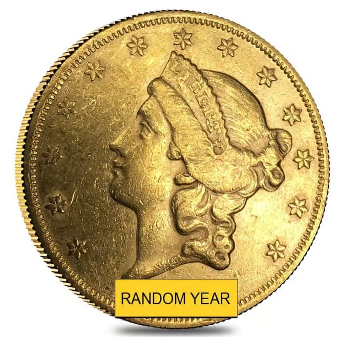 $20 Gold Double Eagle Liberty Head Type II - Almost Uncirculated AU (Random Year, 1866-1876)