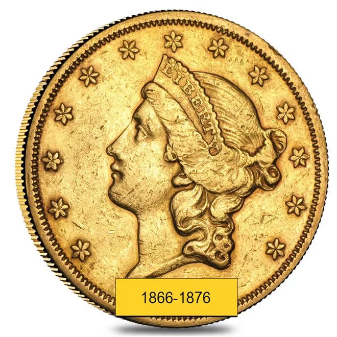 $20 Gold Double Eagle Liberty Head Type II - Extra Fine XF (Random Year, 1866-1876)