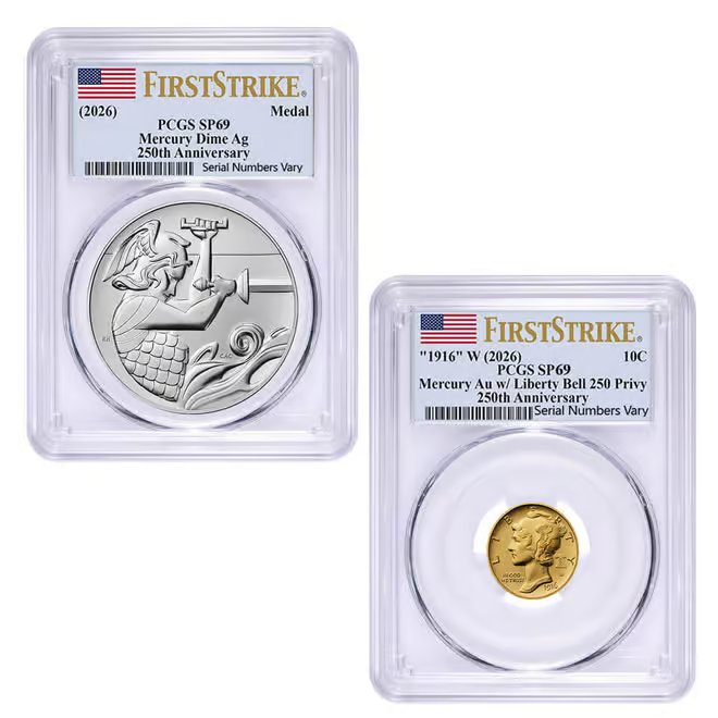2026 Best of the US Mint 1916 Mercury Dime Gold Coin & Silver Medal Set PCGS SP/MS 69 FS