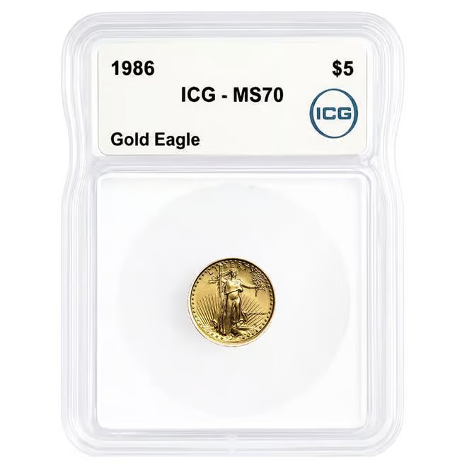 1986 1/10 oz $5 Gold American Eagle ICG MS 70