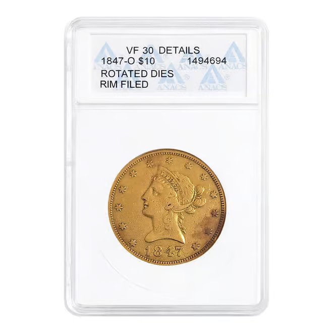 1847-O $10 Liberty Head Gold Coin ANACS VF 30 Details Rotated Dies Soapbox Holder