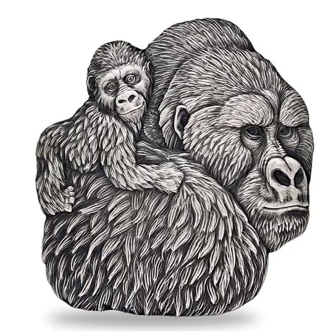 2023 Chad 1 oz Silver Gorilla and Child Shaped Antiqued High Relief Coin .999 Fine (w/Box)