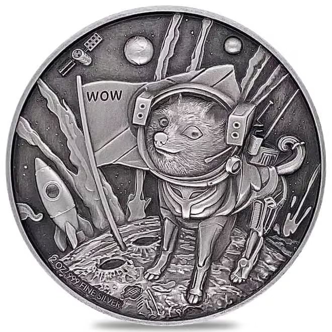 2022 Chad 2 oz Silver Doge on The Moon Antiqued High Relief Coin .999 Fine (w/Box)