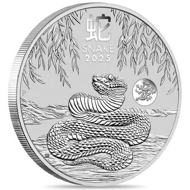 Box of 100 - 2025 1 oz Silver Lunar Snake Dragon Privy BU Australian Perth Mint