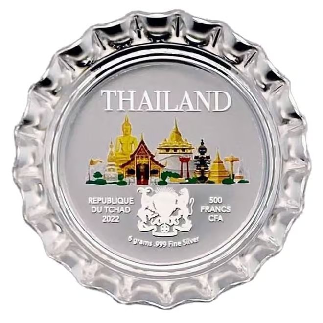 2022 Chad 6 Gram World Landmarks - Thailand Bottle Cap Proof Silver Coin .999 Fine (in Cap)