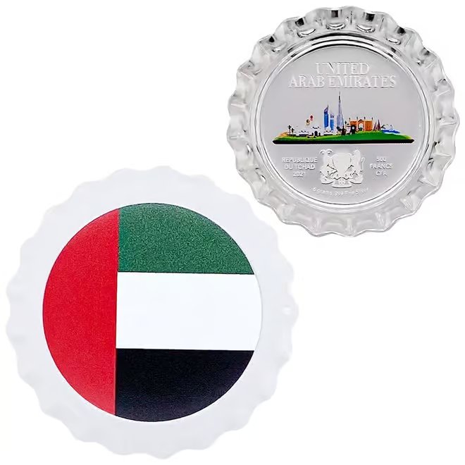 2021 Chad 6 gram World Landmarks - UAE Bottle Cap Proof Silver Coin .999 Fine (In Cap)