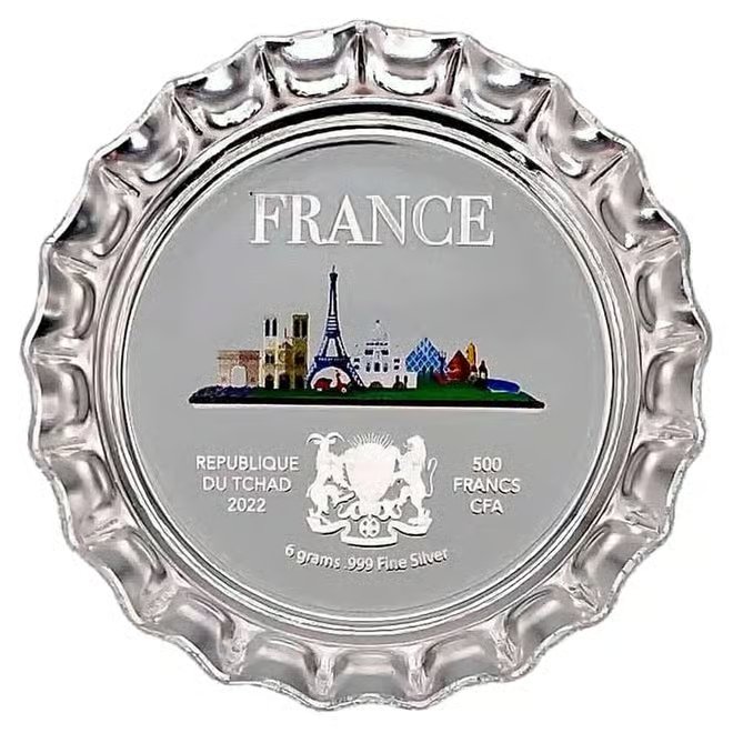 2022 Chad 6 gram World Landmarks - France Bottle Cap Proof Silver Coin .999 Fine (In Cap)