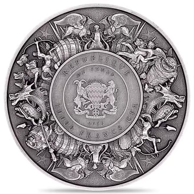 2023 Chad 2 oz Silver Dragon and Cyclops - Mythical Creatures Series Antiqued High Relief Coin (w/Box)