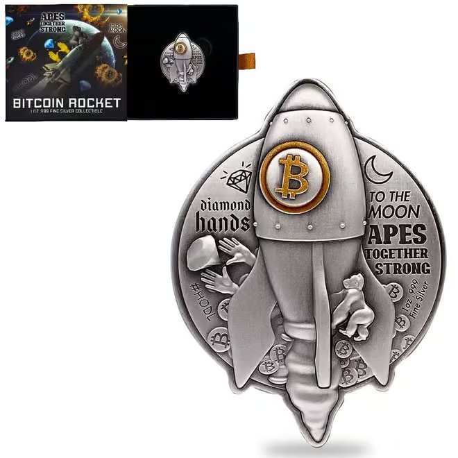 2022 Chad 1 oz Silver Bitcoin Rocket Shaped Antiqued High Relief Coin .999 Fine (w/Box)