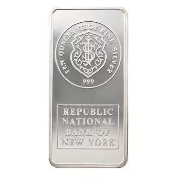 10 oz Johnson Matthey JM Republic National Bank Silver Vintage Bar .999 Fine
