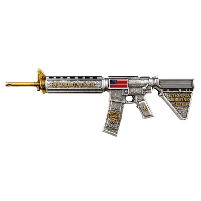 1 oz M16 Style Rifle Shaped Silver .999 Fine Antiqued Finish