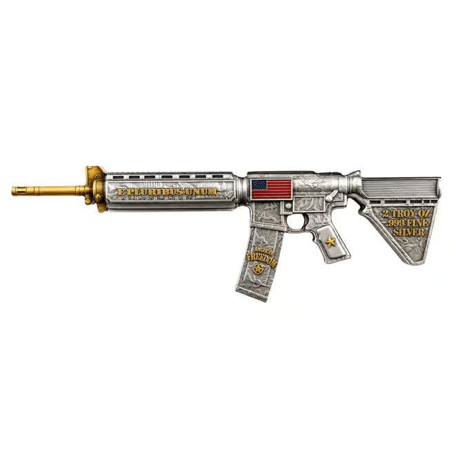 2 oz M16 Style Rifle Shaped Silver .999 Fine Antiqued Finish