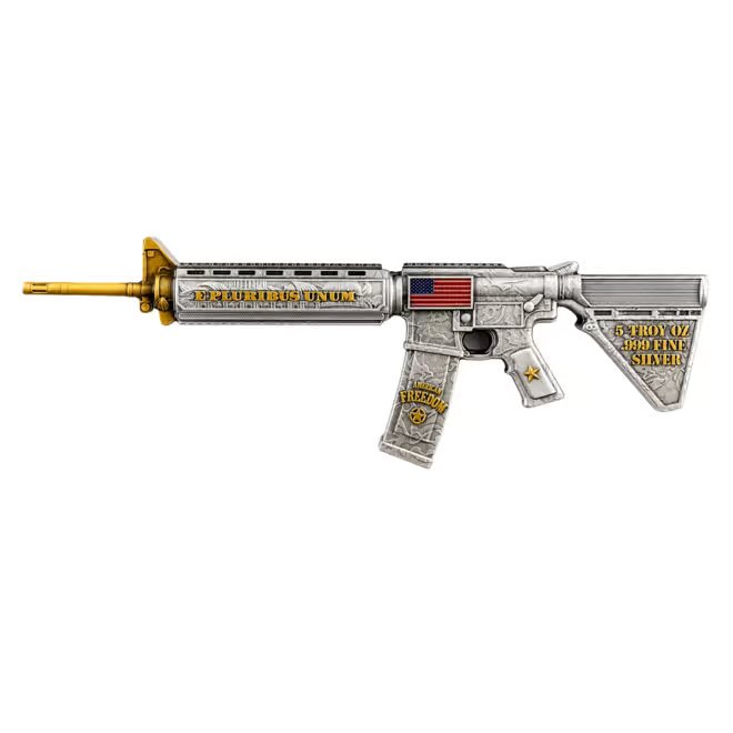 5 oz M16 Style Rifle Shaped Silver .999 Fine Antiqued Finish