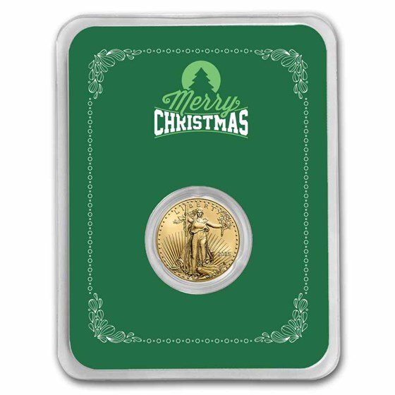 2025 1/10 oz American Gold Eagle - w/Green Merry Christmas Card