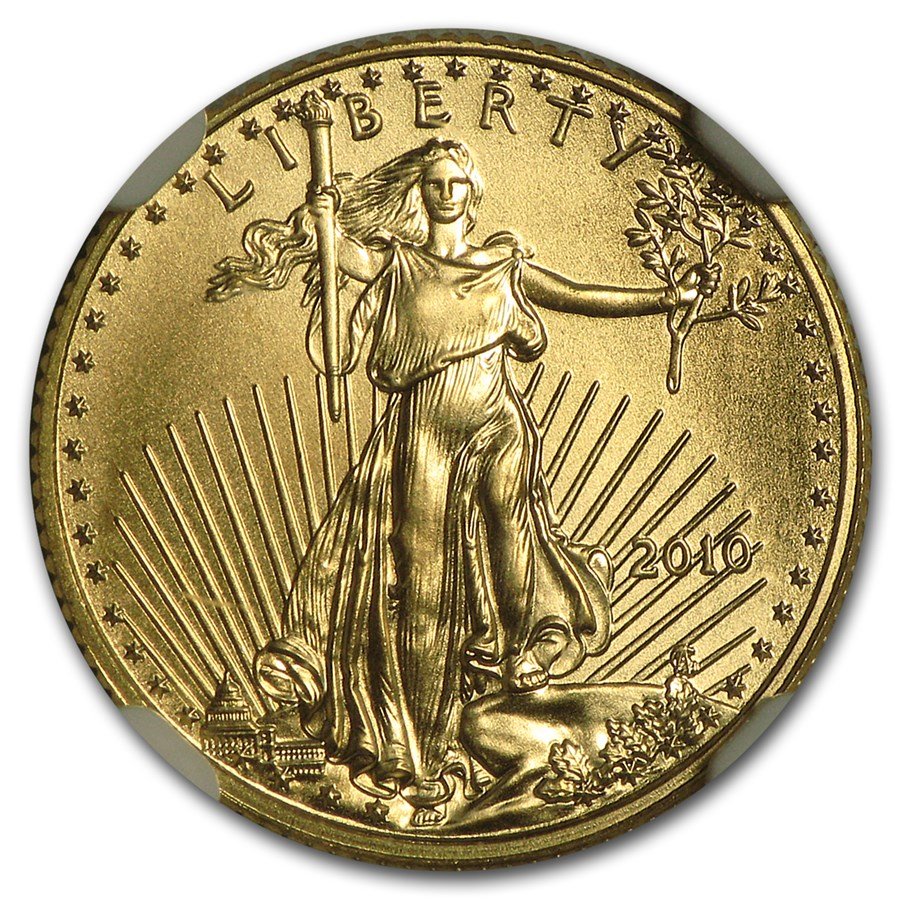 2010 1/10 oz American Gold Eagle MS-70 NGC (ER, 25 Years of Gold)