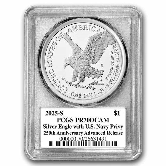 2025-S Proof Silver Eagle PR-70 PCGS (Navy Privy, AR, Damstra)
