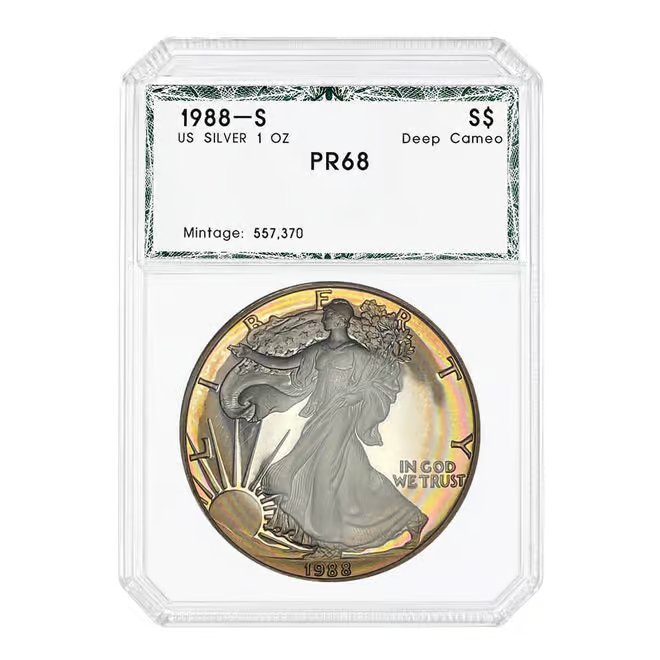 1988-S 1 oz Proof Silver American Eagle PCI PF 68 Deep Cameo Rainbow Toned
