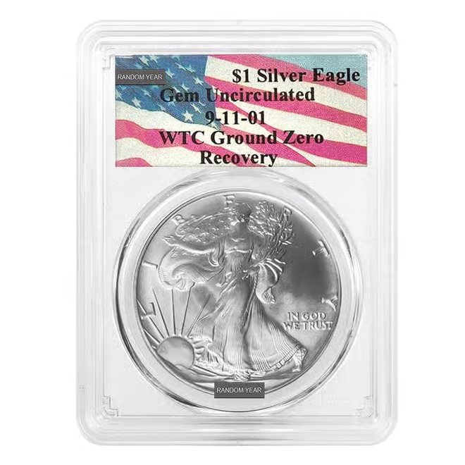 1 oz Silver American Eagle $1 Coin PCGS Gem Unc 9-11-01 WTC Ground Zero Label (Random Year)