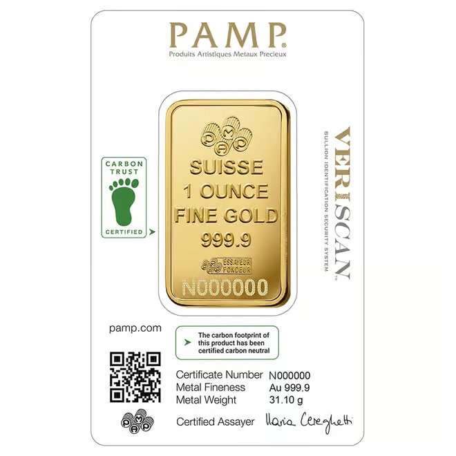 1 oz Gold Bar PAMP Suisse Lady Fortuna Veriscan Carbon Neutral (in Assay)